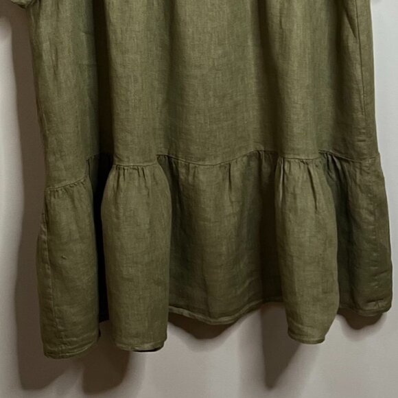 BELLA AMBRA Made In Italy Linen Roll Tab Sleeve Tiered Dress in Olive Size M - Picture 2 of 5